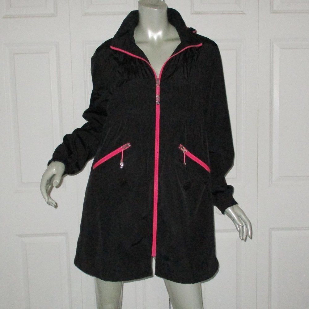BETSEY JOHNSON Black Hoodie Zip Parka Jacket Pockets Drawstring Waist